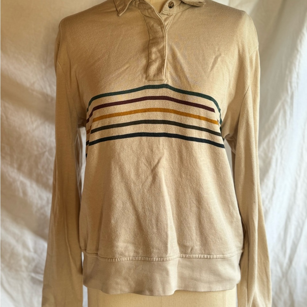 Toad&Co--Medium--Long-sleeved striped cream polo shirt